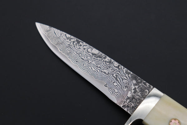 Mr. Itou  IT-480A Drop Point Hunter, 3-3/4" R-2 Damascus Blade,  White Jigged  Camelbone Handle