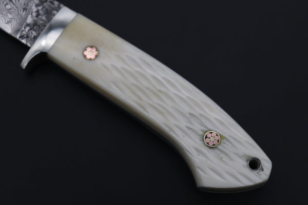 Mr. Itou  IT-480A Drop Point Hunter, 3-3/4" R-2 Damascus Blade,  White Jigged  Camelbone Handle