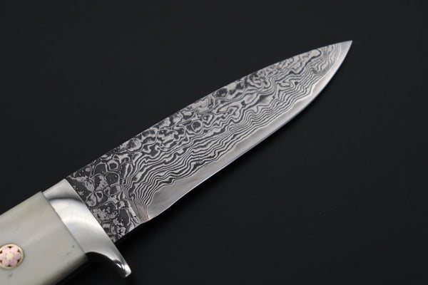 Mr. Itou  IT-480A Drop Point Hunter, 3-3/4" R-2 Damascus Blade,  White Jigged  Camelbone Handle