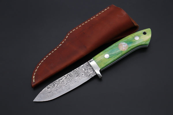 Mr. Itou  IT-480B Drop Point Hunter, 3-3/4" R2 Damascus Blade, Green Camelbone Handle