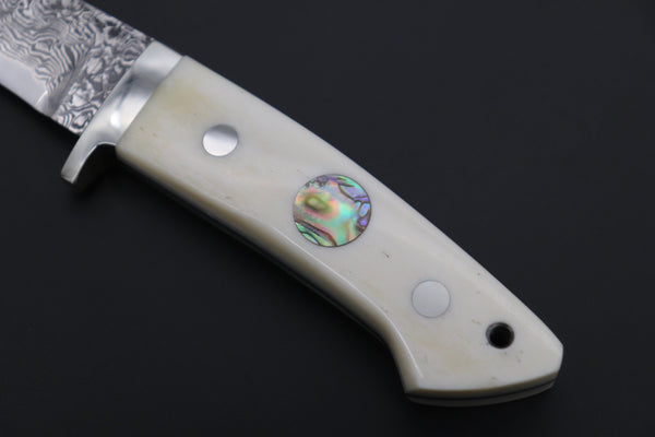 Mr. Itou  IT-490A Drop Point Hunter, 3-1/4" R-2 Damascus Blade, White Camelbone Handle