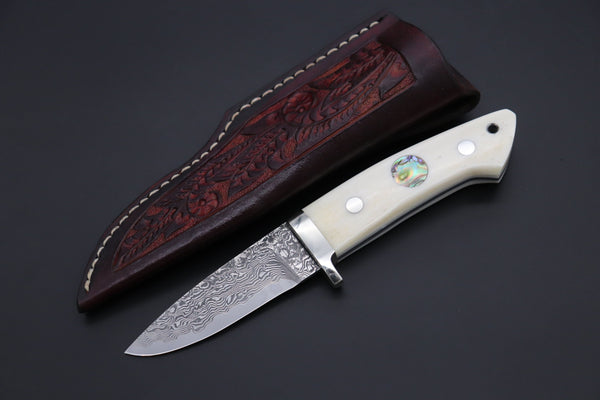 Mr. Itou  IT-490A Drop Point Hunter, 3-1/4" R-2 Damascus Blade, White Camelbone Handle