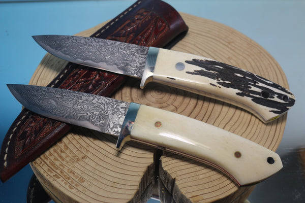 Mr. Itou  IT-500 Drop Point Hunter, 3-3/4" R2 Damascus Blade, Genuine Stag or White Camelbone Handle