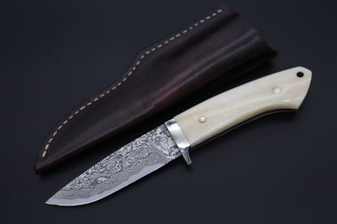 Mr. Itou  IT-500B Drop Point Hunter, 3-3/4" R2 Damascus Blade, White Camelbone Handle