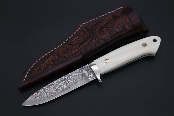 Mr. Itou  IT-520B Drop Point Hunter, 4-1/2" R2 Damascus Blade, White Camelbone  Handle