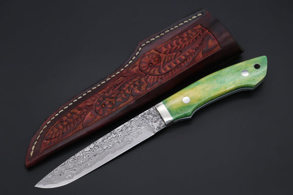 Mr. Itou  IT-540A Drop Point Hunter, 5-1/2" R-2 Damascus Blade, Green Color Camelbone Handle