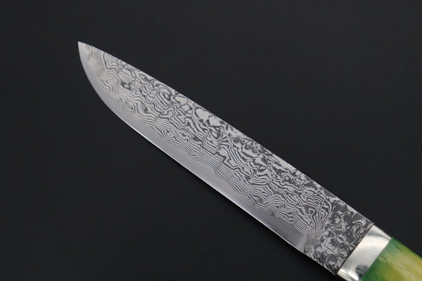 Mr. Itou  IT-540A Drop Point Hunter, 5-1/2" R-2 Damascus Blade, Green Color Camelbone Handle