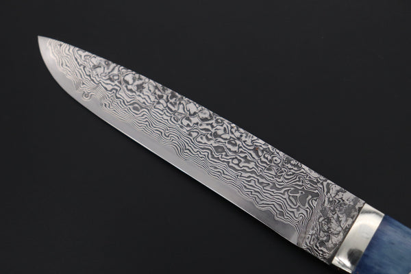 Mr. Itou  IT-540B Drop Point Hunter, 5-1/2" R-2 Damascus Blade, Blue Color Camelbone Handle