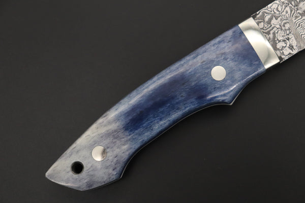 Mr. Itou  IT-540B Drop Point Hunter, 5-1/2" R-2 Damascus Blade, Blue Color Camelbone Handle