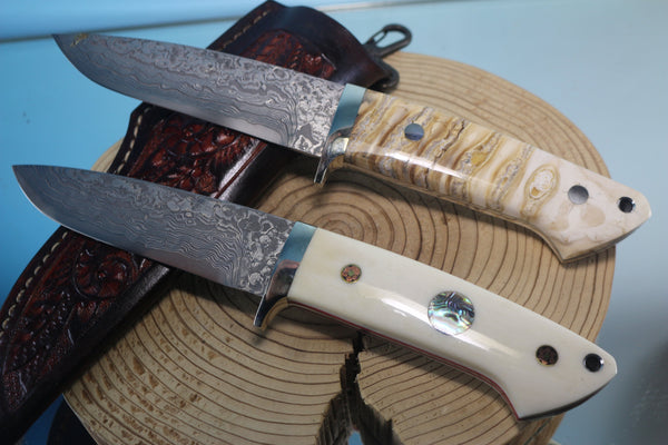 Mr. Itou  IT-570 Drop Point Hunter, 4-1/2" R2 Damascus Blade, Mammoth Molar Tooth or White Camelbone  Handle