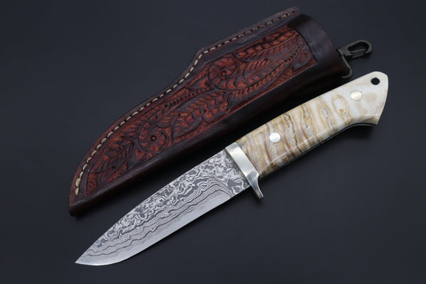 Mr. Itou  IT-570A  "Treasure Hunter Series" Drop Point Hunter, 4-1/2" R2 Damascus Blade, Mammoth Molar Tooth Ivory Handle