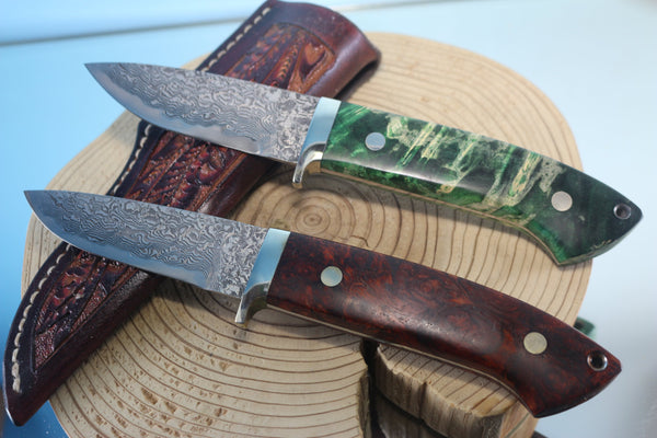 Mr. Itou  IT-580 Drop Point Hunter, 3-5/8" R2 Damascus Blade, Green Maple Burl or Quince Burl wood Handle