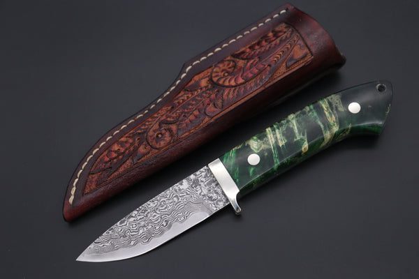 Mr. Itou  IT-580A Drop Point Hunter, 3-5/8" R-2 Damascus Blade, Green Maple Burl Handle