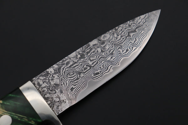 Mr. Itou  IT-580A Drop Point Hunter, 3-5/8" R-2 Damascus Blade, Green Maple Burl Handle