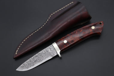 Mr. Itou  IT-580B Drop Point Hunter, 3-5/8" R2 Damascus Blade, Quince Burl wood Handle