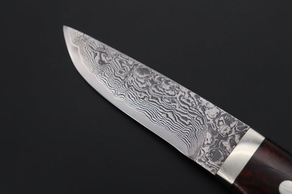 Mr. Itou IT-620B Drop Point Utility Hunter, 3-3/4" R-2 Damascus Blade, Premium Quince Burl wood Handle