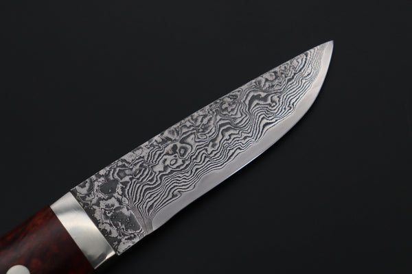 Mr. Itou IT-620B Drop Point Utility Hunter, 3-3/4" R-2 Damascus Blade, Premium Quince Burl wood Handle