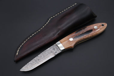 Mr. Itou  IT-630A Drop Point Utility Hunter, 3-1/4" R-2 Damascus Blade, Brown Color Camelbone Handle