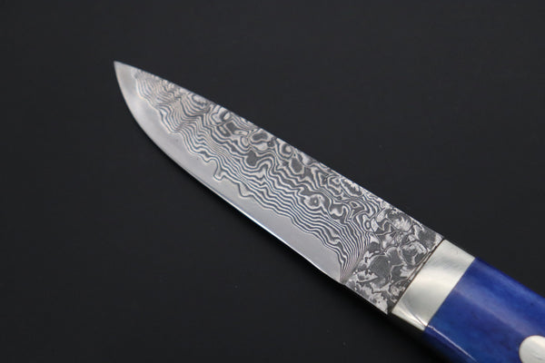 Mr. Itou  IT-630B Drop Point Utility Hunter, 3-1/4" R2 Damascus Blade, Blue Color Camelbone Handle