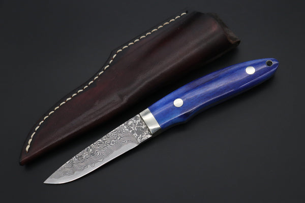 Mr. Itou  IT-630B Drop Point Utility Hunter, 3-1/4" R2 Damascus Blade, Blue Color Camelbone Handle