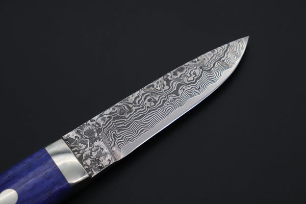 Mr. Itou  IT-630B Drop Point Utility Hunter, 3-1/4" R2 Damascus Blade, Blue Color Camelbone Handle