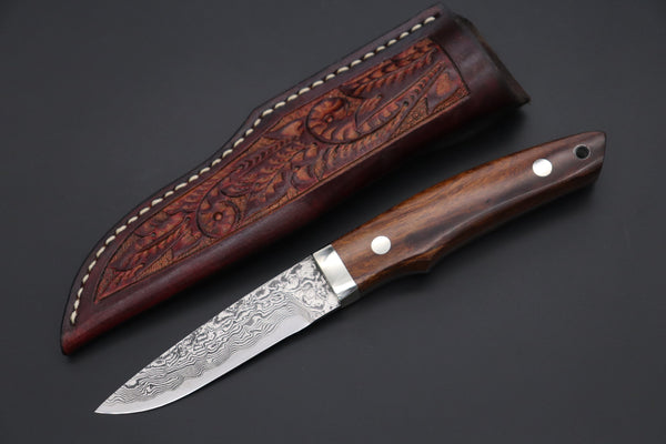 Mr. Itou  IT-650A Drop Point Utility Hunter, 3-3/4" R-2 Damascus Blade, Premium Desert Ironwood