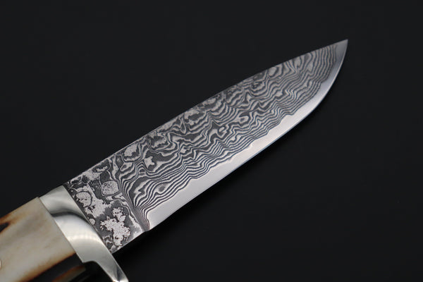 Mr. Itou  IT-700 Drop Point Hunter, 4" R2 Damascus Blade, Genuine Stag Handle