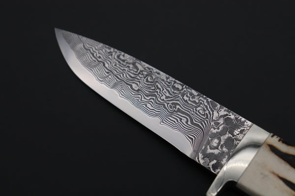 Mr. Itou  IT-700 Drop Point Hunter, 4" R2 Damascus Blade, Genuine Stag Handle