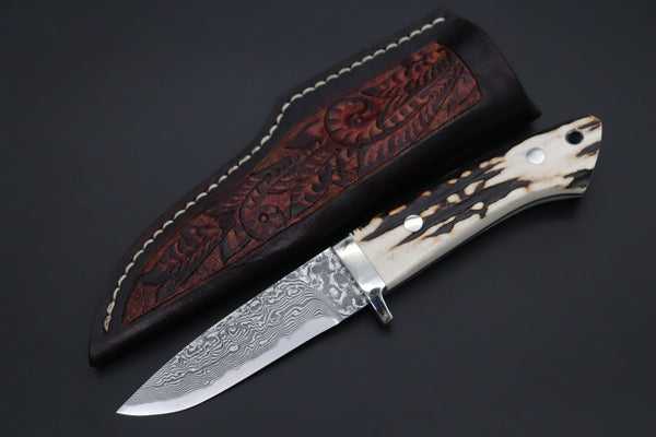 Mr. Itou  IT-700 Drop Point Hunter, 4" R2 Damascus Blade, Genuine Stag Handle