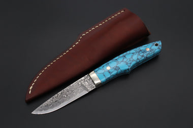 Mr. Itou IT-710 Drop Point Utility Hunter, 3-3/4" R-2 Damascus Blade, Turquoise composite Stone Handle