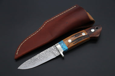 Mr. Itou  IT-720 "Treasure Hunter Series" Drop Point Hunter, 3-5/8" R2 Damascus Blade, Sambar Stag Custom Combination Handle