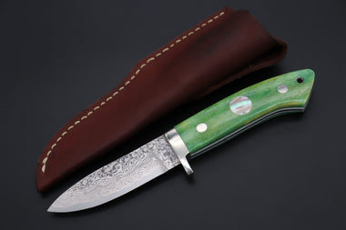 Mr. Itou  IT-740 Drop Point Hunter, 3-5/8" R2 Damascus Blade, Green Camelbone Handle with White Abalone inlay