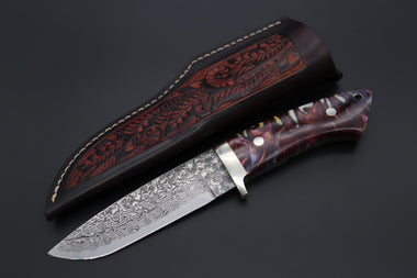 Mr. Itou  IT-760 Drop Point Hunter, 5" R2 Damascus Blade, Crazy Purple Color Hybrid Resin Handle