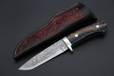 Mr. Itou  IT-770 Drop Point Hunter, 5" R2 Damascus Blade, Ocean Blue Color Stabilized Spruce Cones Hybrid Handle
