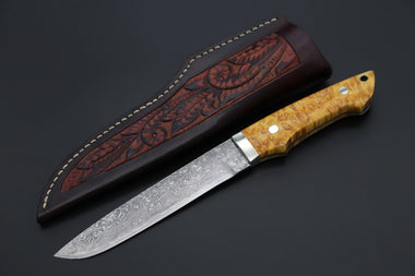Mr. Itou  IT-780  Custom R2 Damascus 5.9" Drop-point Hunter, Stabilized Maple Burl wood Handle