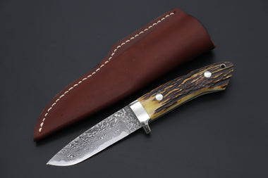 Mr. Itou  IT-820 Drop Point Hunter, 3.6" R2 Damascus Blade, Stag Handle