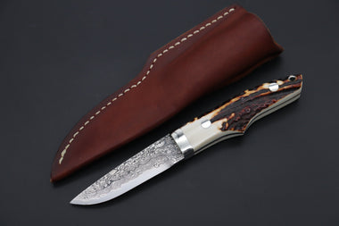 Mr. Itou  IT-840 Drop Point Utility Hunter, 3.4" R-2 Damascus Blade, Stag Handle