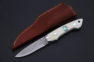 Mr. Itou  IT-920 Drop Point Utility Hunter, 3.5" R-2 Damascus Blade, White Camelbone Handle
