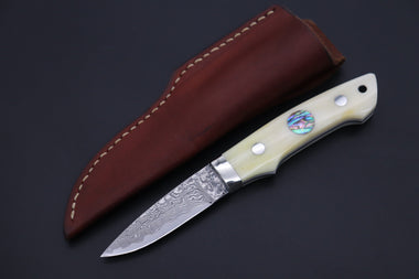 Mr. Itou  IT-930 Drop point Utility Hunter, 3.1" R-2 Damascus Blade,  White Camelbone Handle