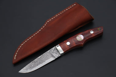 Mr. Itou  IT-940 Drop Point Utility Hunter, 3.6" R-2 Damascus Blade, Quince Burlwood Handle