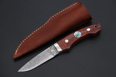 Mr. Itou  IT-960 Drop Point Utility Hunter, 3.7" R-2 Damascus Blade, Quince Burlwood Handle