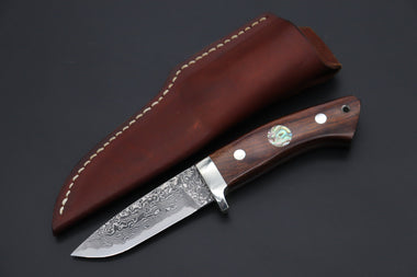 Mr. Itou  IT-970 Drop Point Hunter, 3.6" R-2 Damascus Blade, Desert Ironwood Handle with Abalone inlay