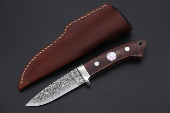 Mr. Itou  IT-980 Drop Point Hunter, 3.7" R-2 Damascus Blade, Quince Burlwood Handle with White Abalone inlay