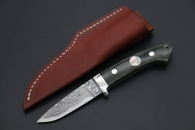 Mr. Itou  IT-990 Drop Point Hunter, 3.6" R-2 Damascus Blade, Stabilized Green Color Lacewood Handle with White Abalone inlay