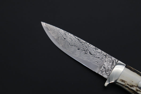 Mr. Itou  ITH-110A  "Treasure Hunter Series" Custom R-2 Damascus 3-1/4" Drop-point Hunter, Ezo Deer Horn Custom Combination Handle