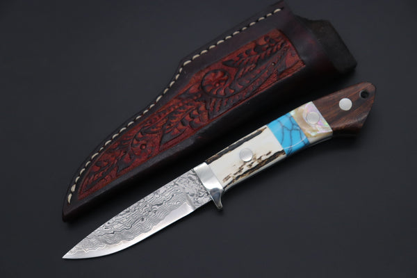 Mr. Itou  ITH-110A  "Treasure Hunter Series" Custom R-2 Damascus 3-1/4" Drop-point Hunter, Ezo Deer Horn Custom Combination Handle