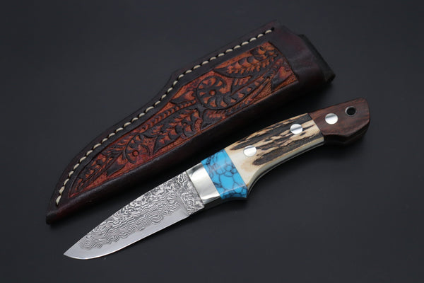 Mr. Itou ITH-115  "Treasure Hunter Series" Custom R-2 Damascus 3-1/8" Drop-point Hunter, Sambar Stag Custom Combination Handle