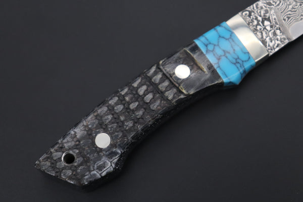 Mr. Itou  ITH-145A  "Treasure Hunter Series" Custom R2 Damascus 5" Drop-point Hunter, Armadillo Black Hide Handle