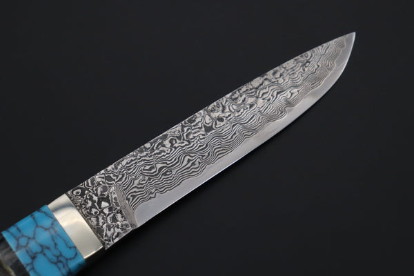 Mr. Itou  ITH-145A  "Treasure Hunter Series" Custom R2 Damascus 5" Drop-point Hunter, Armadillo Black Hide Handle