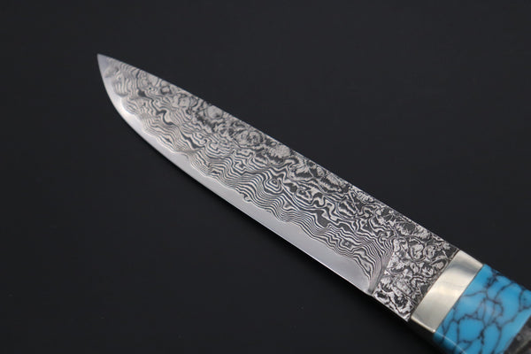 Mr. Itou  ITH-145A  "Treasure Hunter Series" Custom R2 Damascus 5" Drop-point Hunter, Armadillo Black Hide Handle